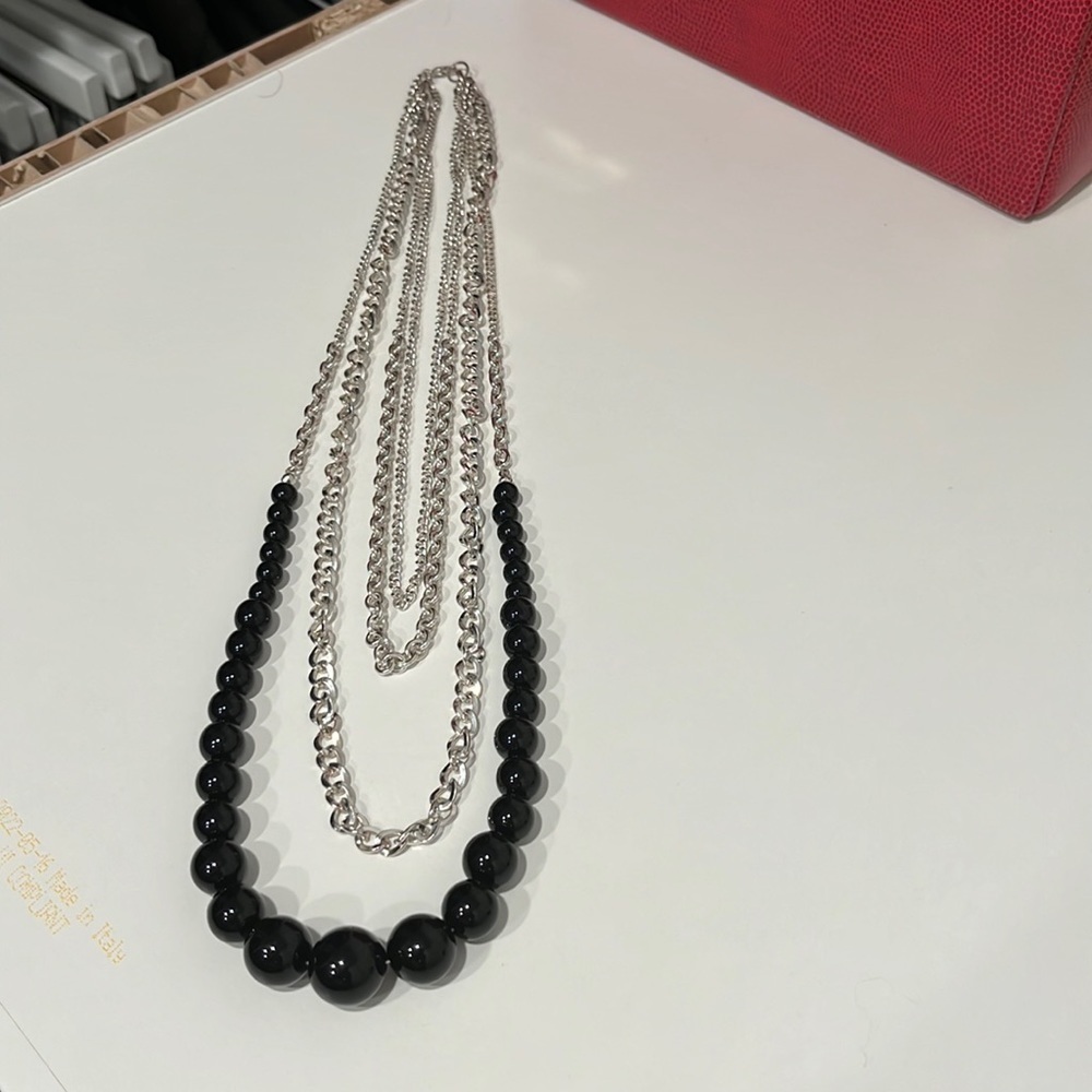 Layered Strand Necklace Silver Chain and Black Beads